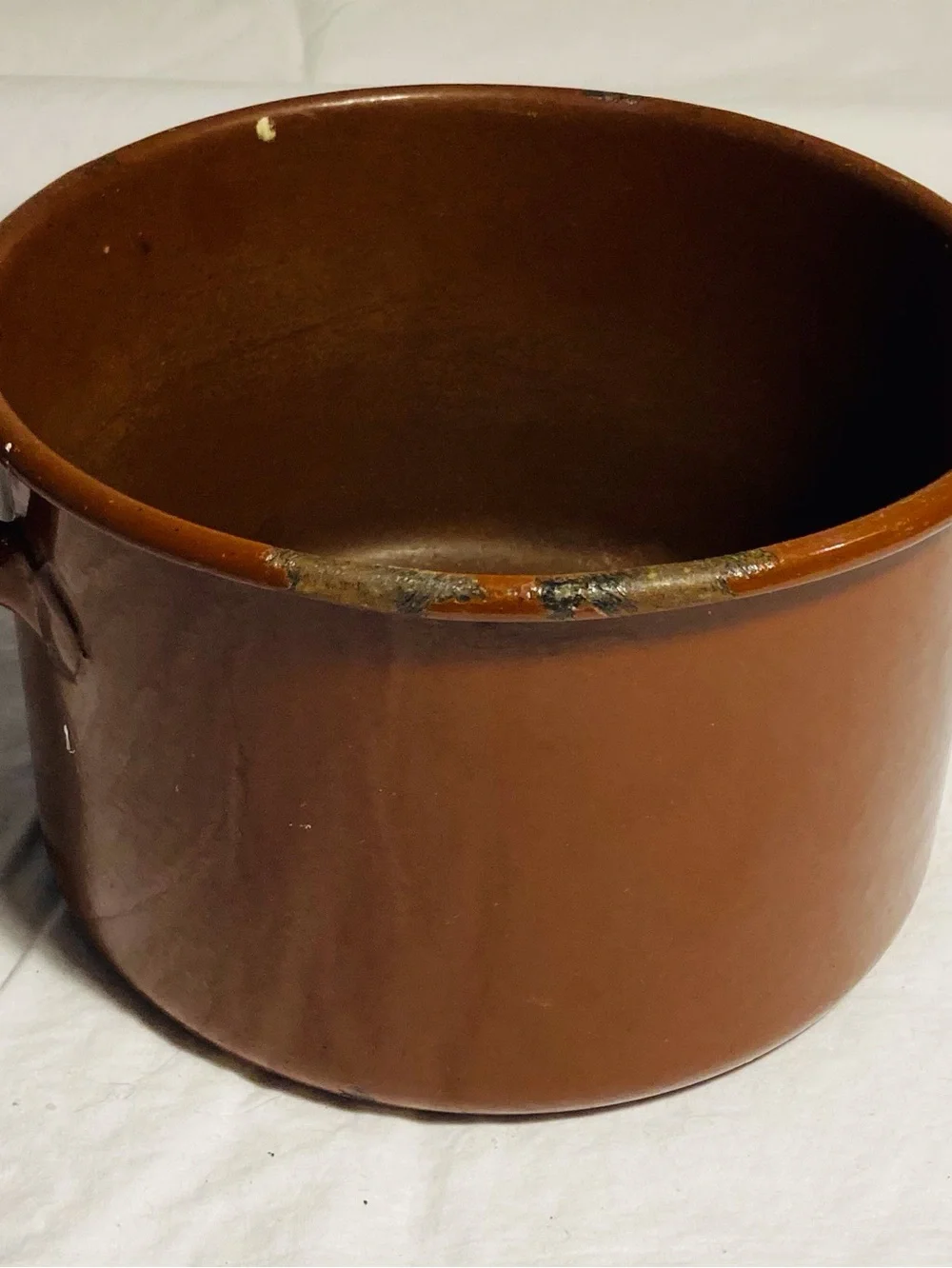 Vintage large enamelware pot in chocolate brown two handles artist paint studio
